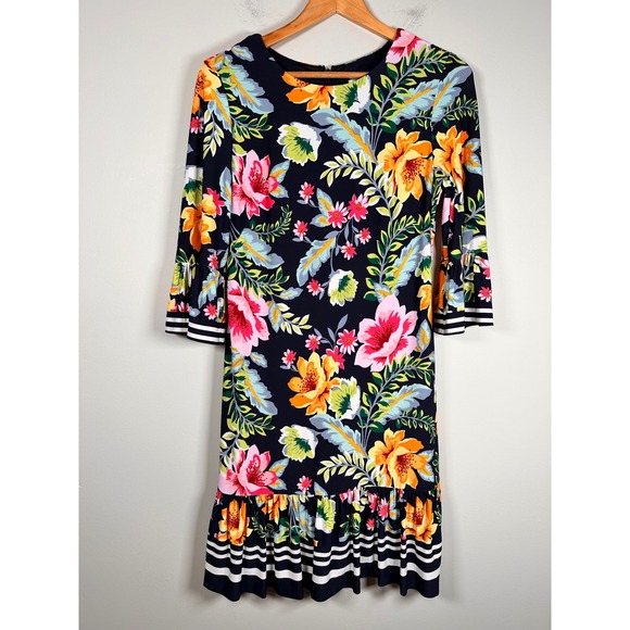 Eliza J Dresses & Skirts - Eliza J Shift Dress Women 6 Navy Blue Floral Striped Bell Sleeve Ruffle Hem